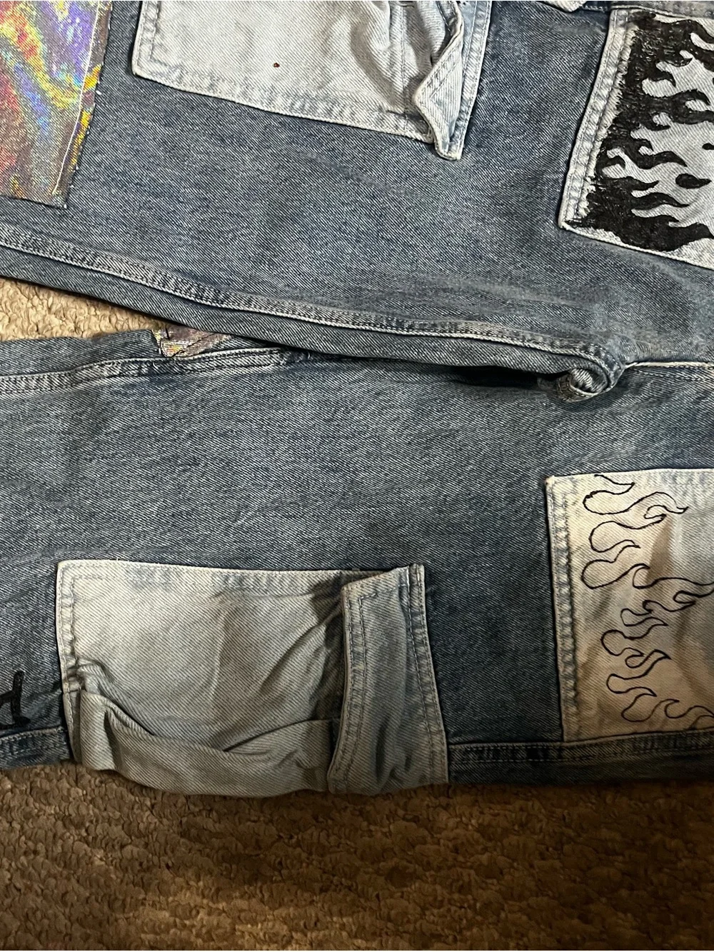 Light Blue Women’s Patchwork Flame Jeans - Picture 3 of 4